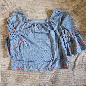 Hester & Orchard Women's Off Shoulder Denim, Red & Blue Accent,  XL Flair Sleeve